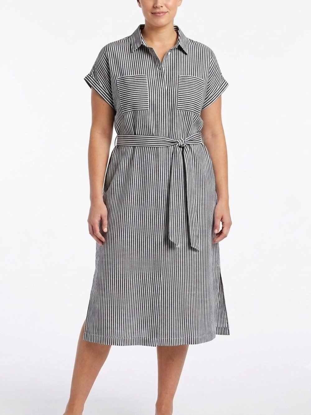 Ophelia Roe Striped Shirt Dress XL 100% Cotton Black White Midi Belted Pockets